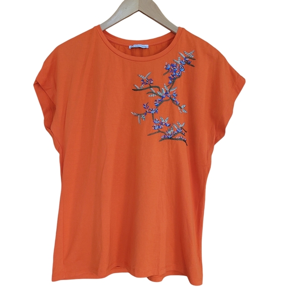 Zara Tops - Zara Short Sleeve Top Womens Small Orange Embroidered